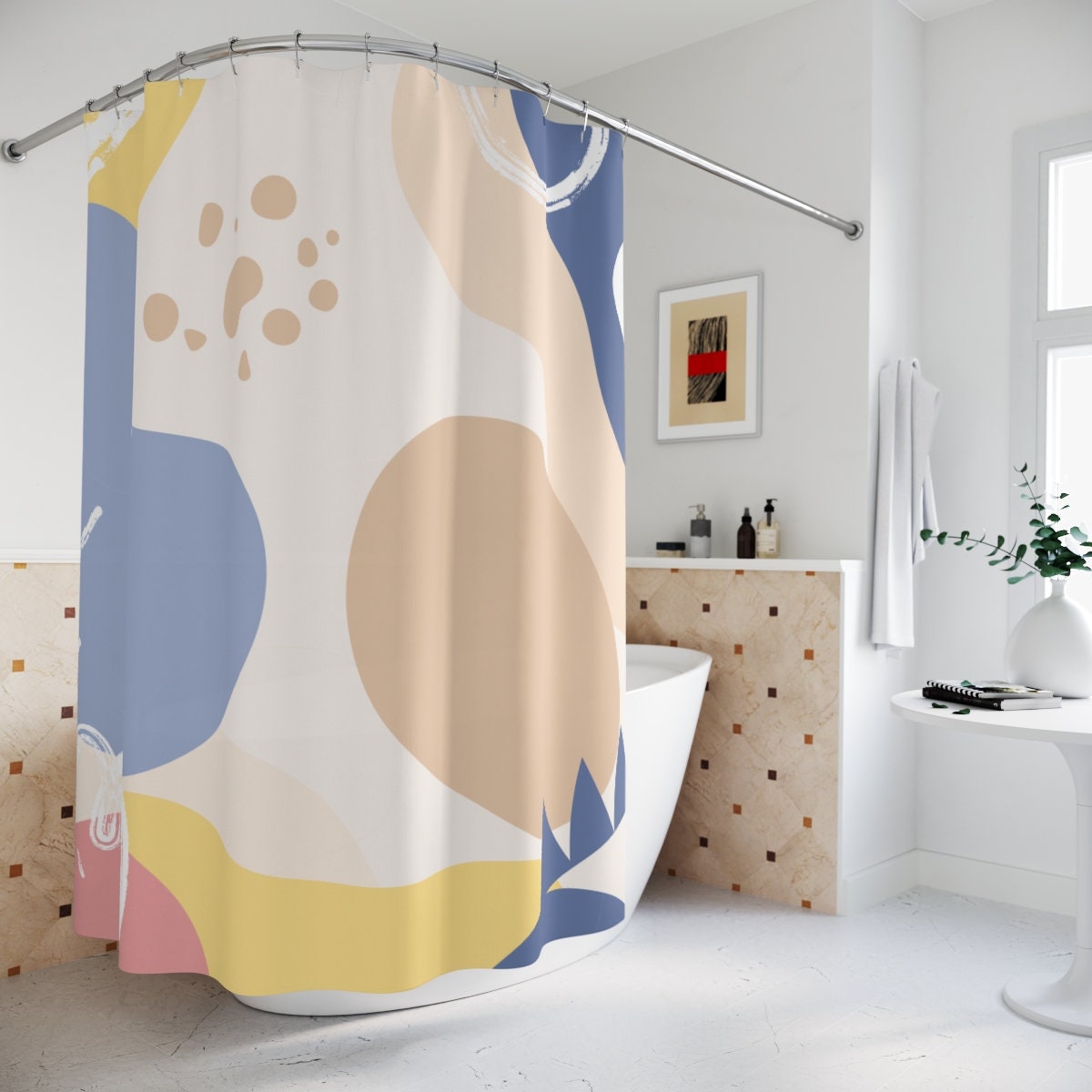 Peaceful and Neutral Warm Earth Colors Boho Abstract Pattern Shower Curtain or Mat, Contemporary Art