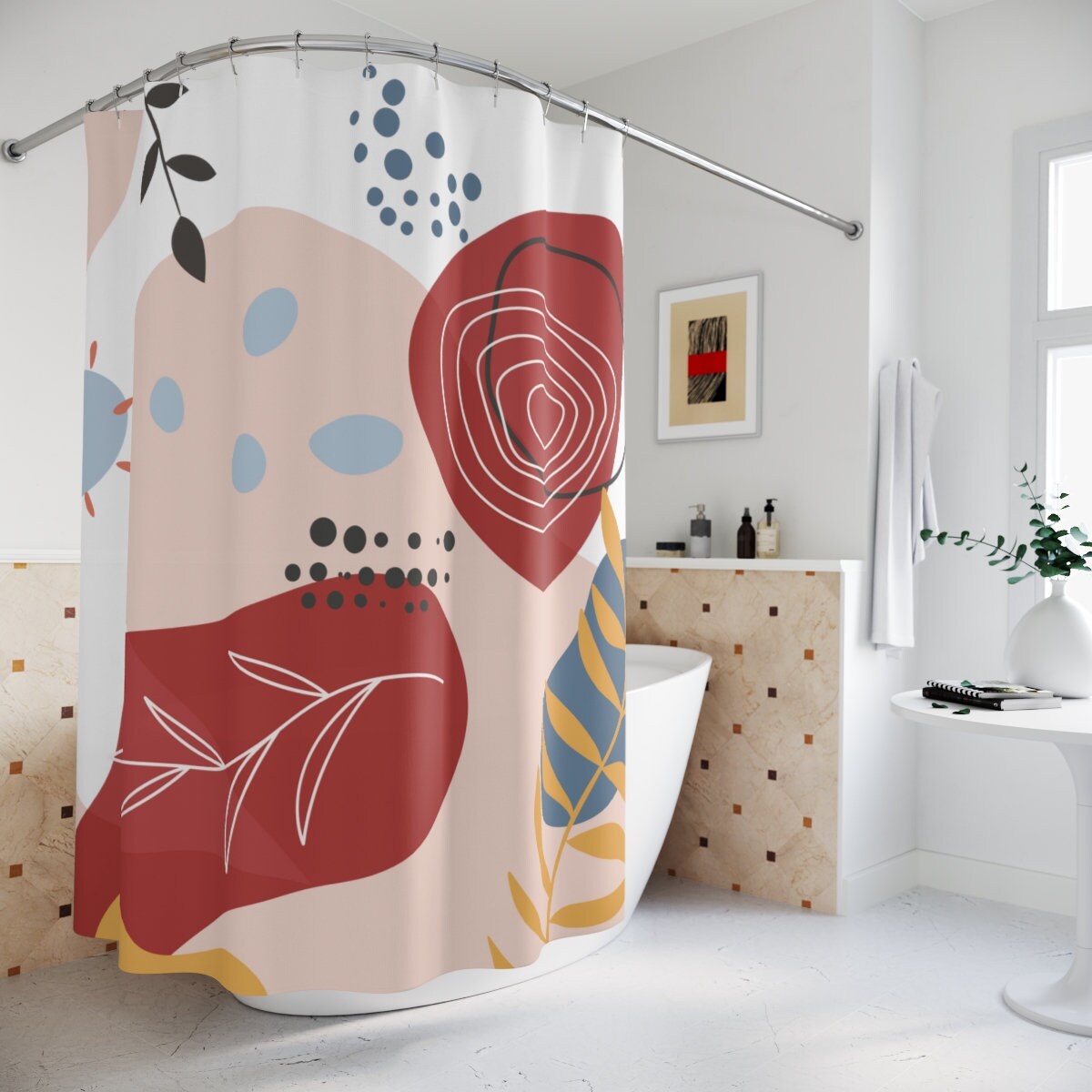 Peaceful and Neutral Warm Earth Colors Boho Abstract Pattern Shower Curtain or Mat, Contemporary Art, Bathroom Curtain