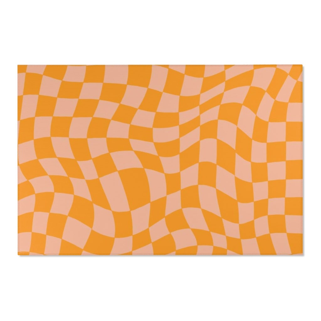 Peachy Pastel Checkered Retro Rug with Non-Slip Floor Mat for Soft Living Room or Kids Room Decor
