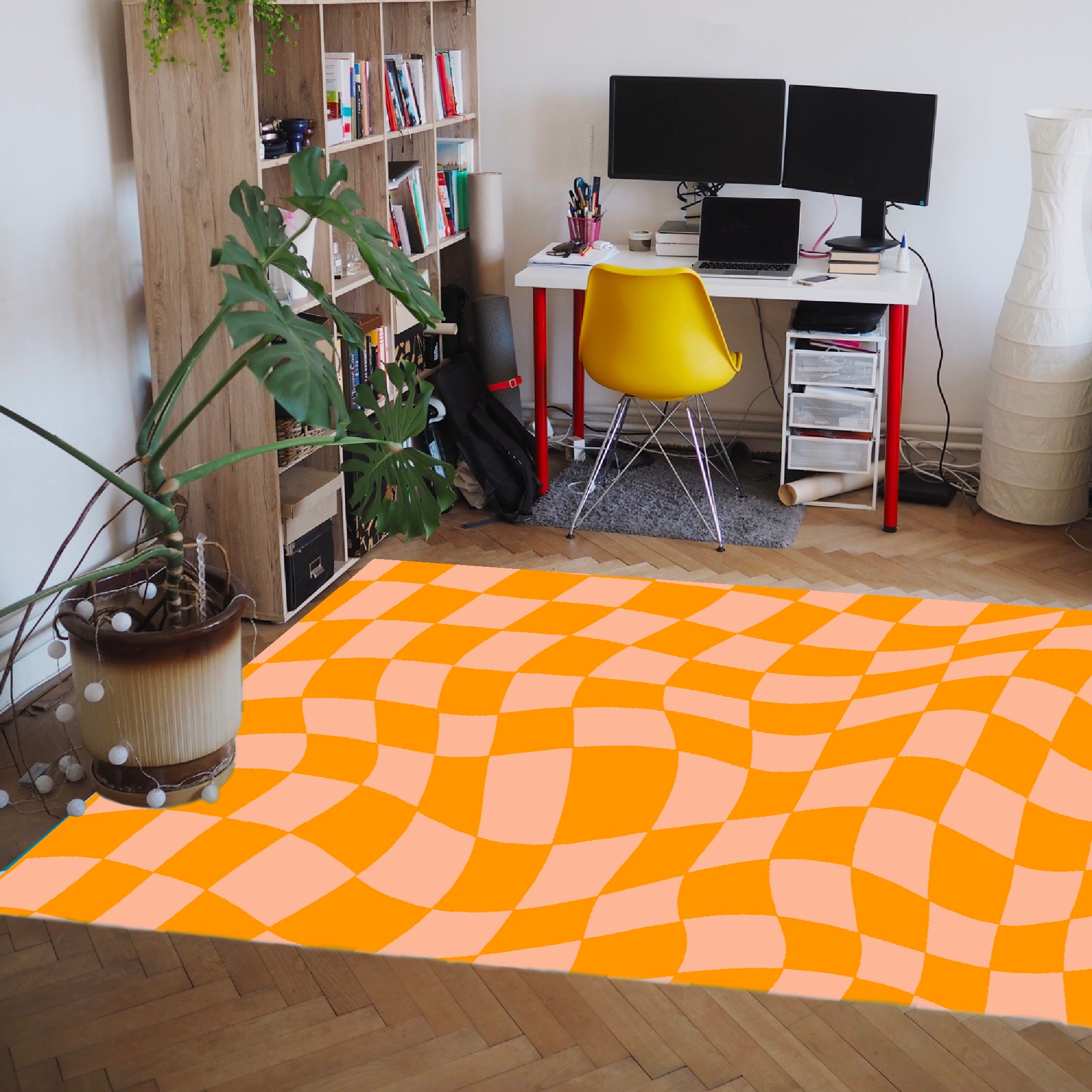 Peachy Pastel Checkered Retro Rug with Non-Slip Floor Mat for Soft Living Room or Kids Room Decor - Image 2