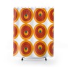 Peacock Eye Geo Pattern Shower Curtain in Groovy Retro Style with Orange and Mustard Yellow Accents