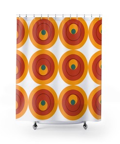 Peacock Eye Geo Pattern Shower Curtain in Groovy Retro Style with Orange and Mustard Yellow Accents