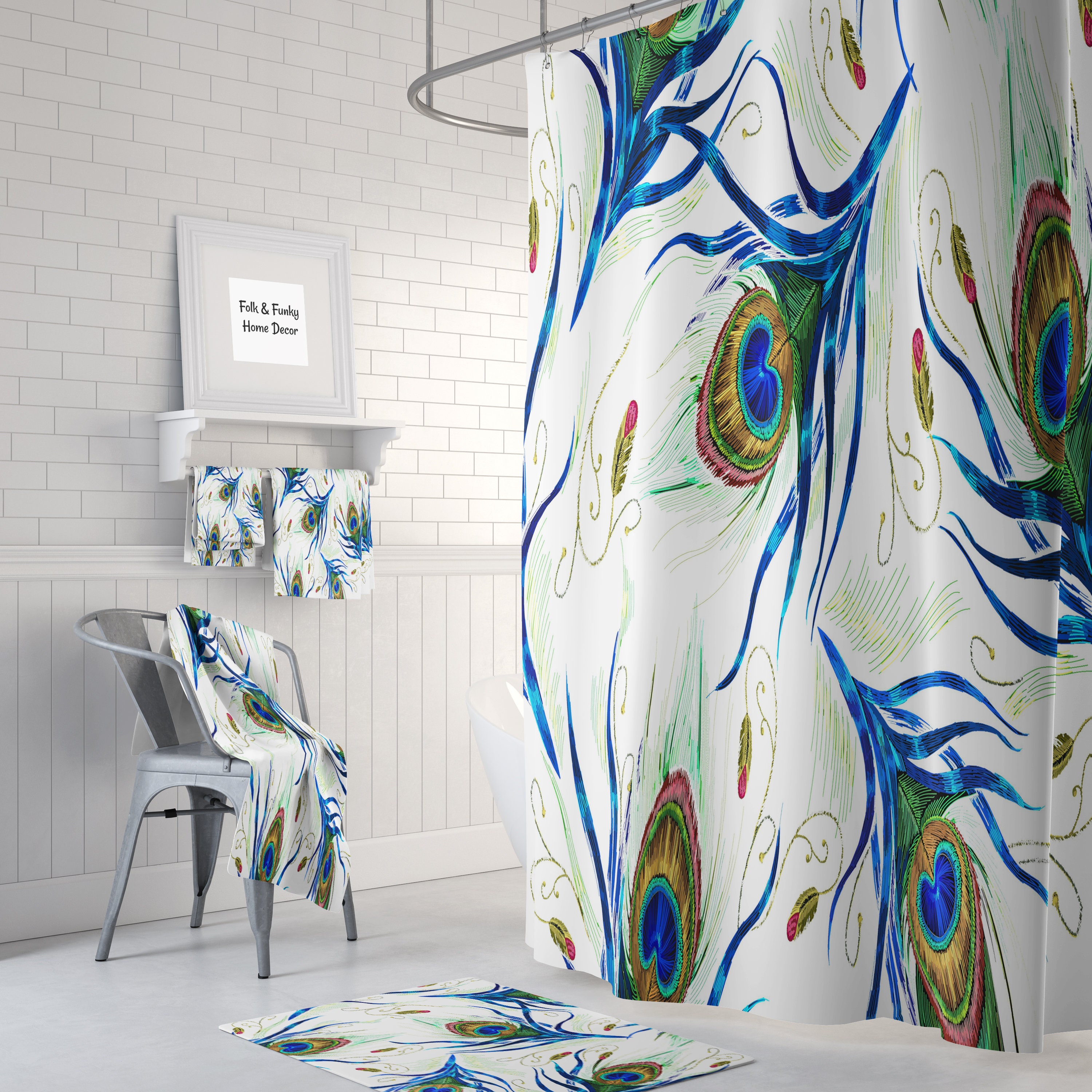 Peacock Shower Curtain, Kids Bathroom Decor with Restroom Shower Curtain Options - Image 2