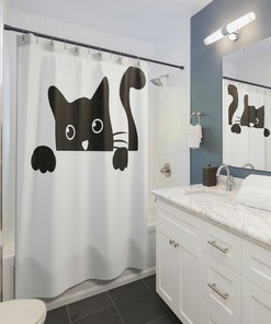 Peeking Cat Shower Curtain, Retro Funny Design, Cute Kitten Bathroom Curtain, Mid-century Modern Cat Lover