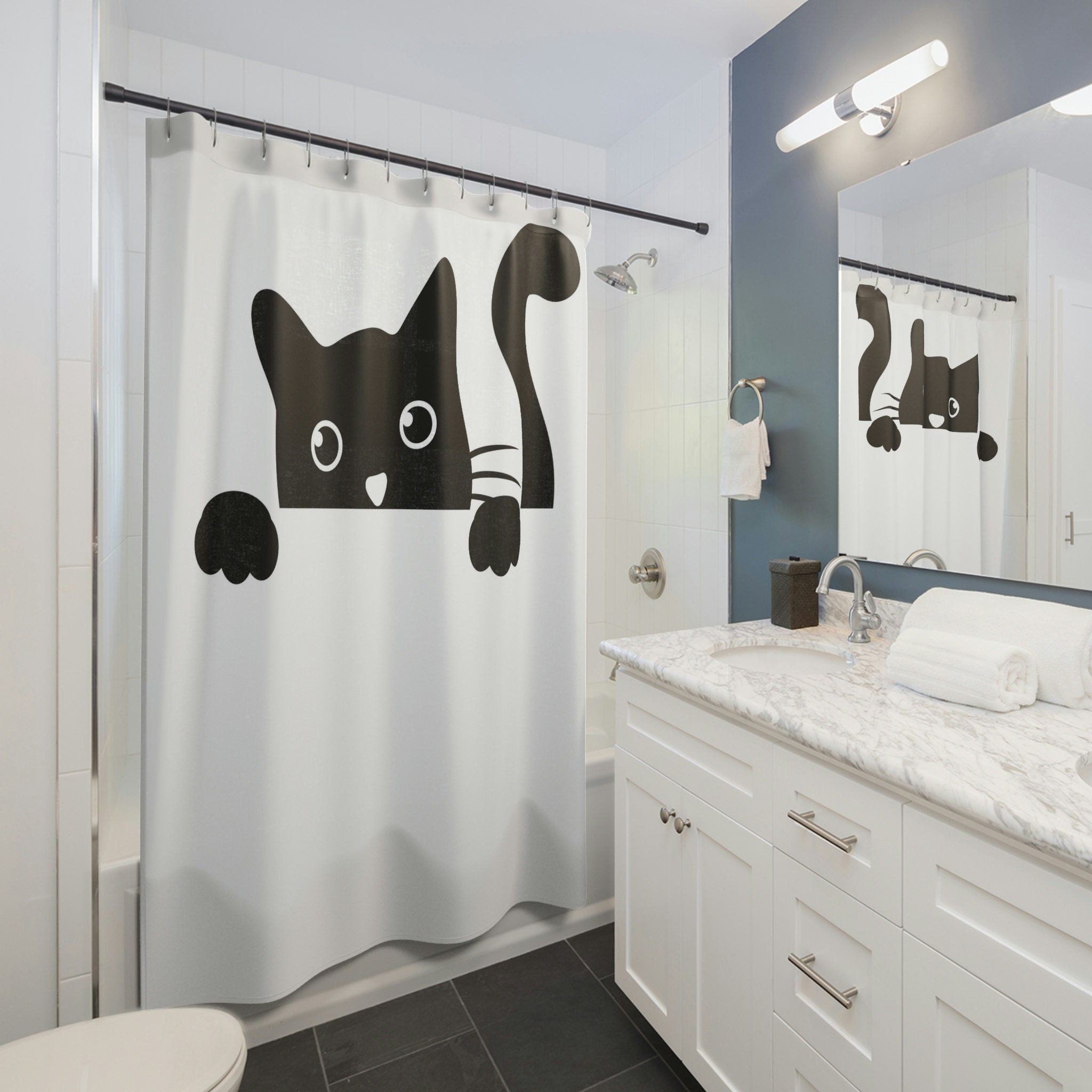 Peeking Cat Shower Curtain, Retro Funny Design, Cute Kitten Bathroom Curtain, Mid-century Modern Cat Lover