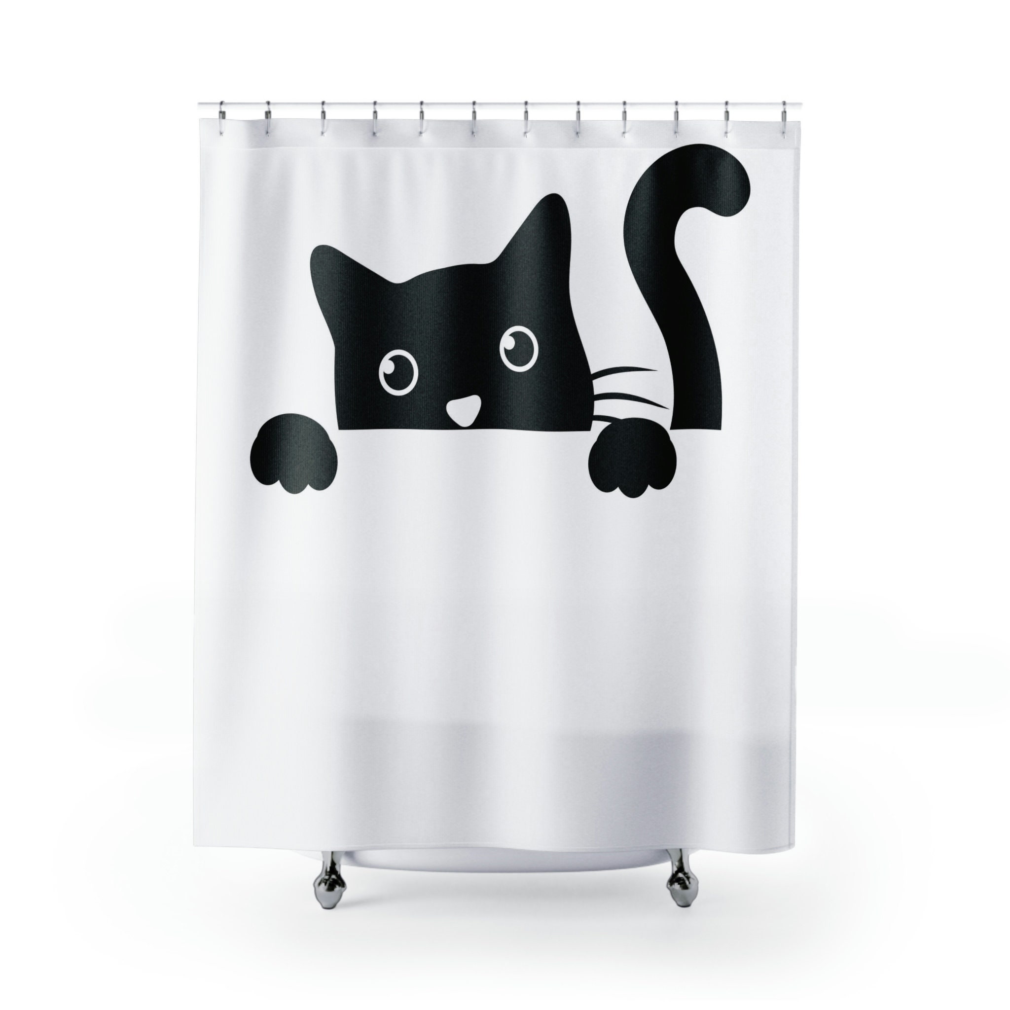 Peeking Cat Shower Curtain, Retro Funny Design, Cute Kitten Bathroom Curtain, Mid-century Modern Cat Lover - Image 2