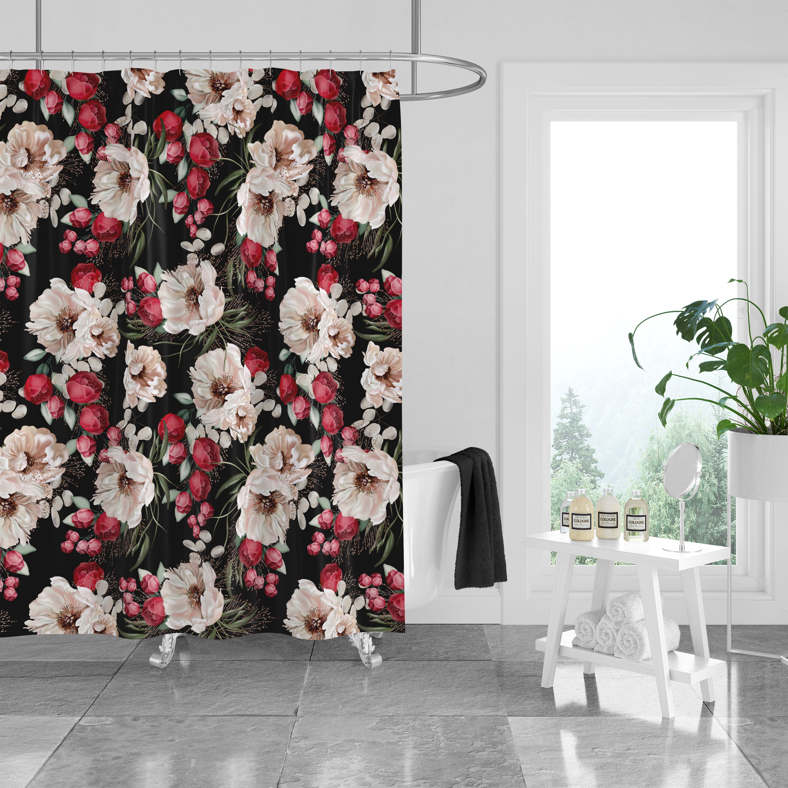 Peony Floral Shower Curtain - Elegant Bath Curtain with Optional Towels and Mat for Luxurious Bathroom Decor