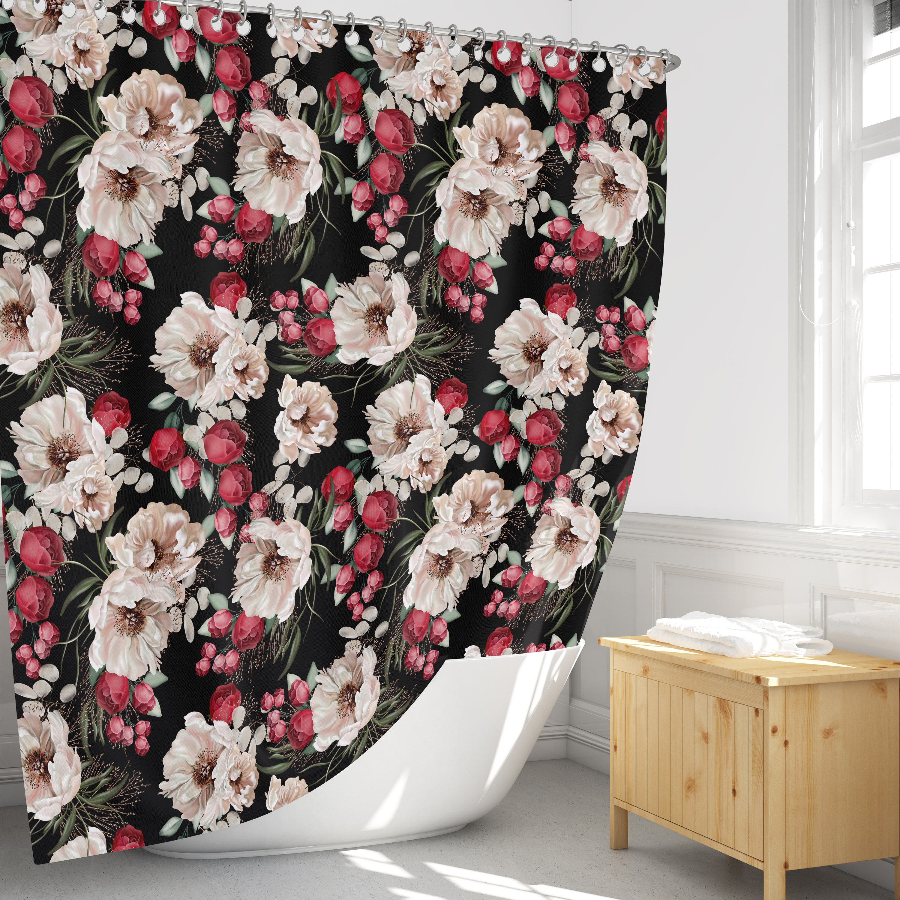 Peony Floral Shower Curtain - Elegant Bath Curtain with Optional Towels and Mat for Luxurious Bathroom Decor - Image 3