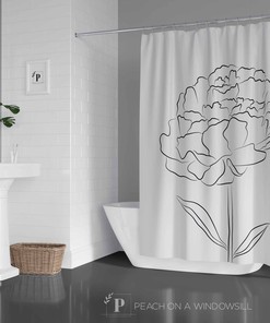 Peony Flower Shower Curtain, Minimalist Black and White Bath Curtain with Modern Design
