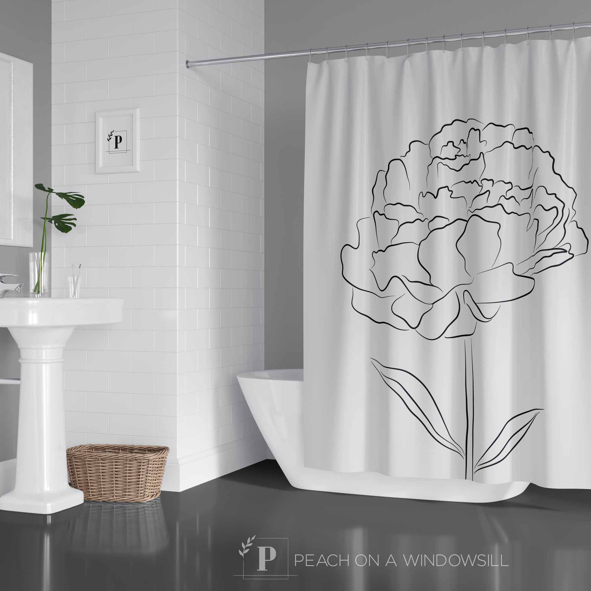 Peony Flower Shower Curtain, Minimalist Black and White Bath Curtain with Modern Design