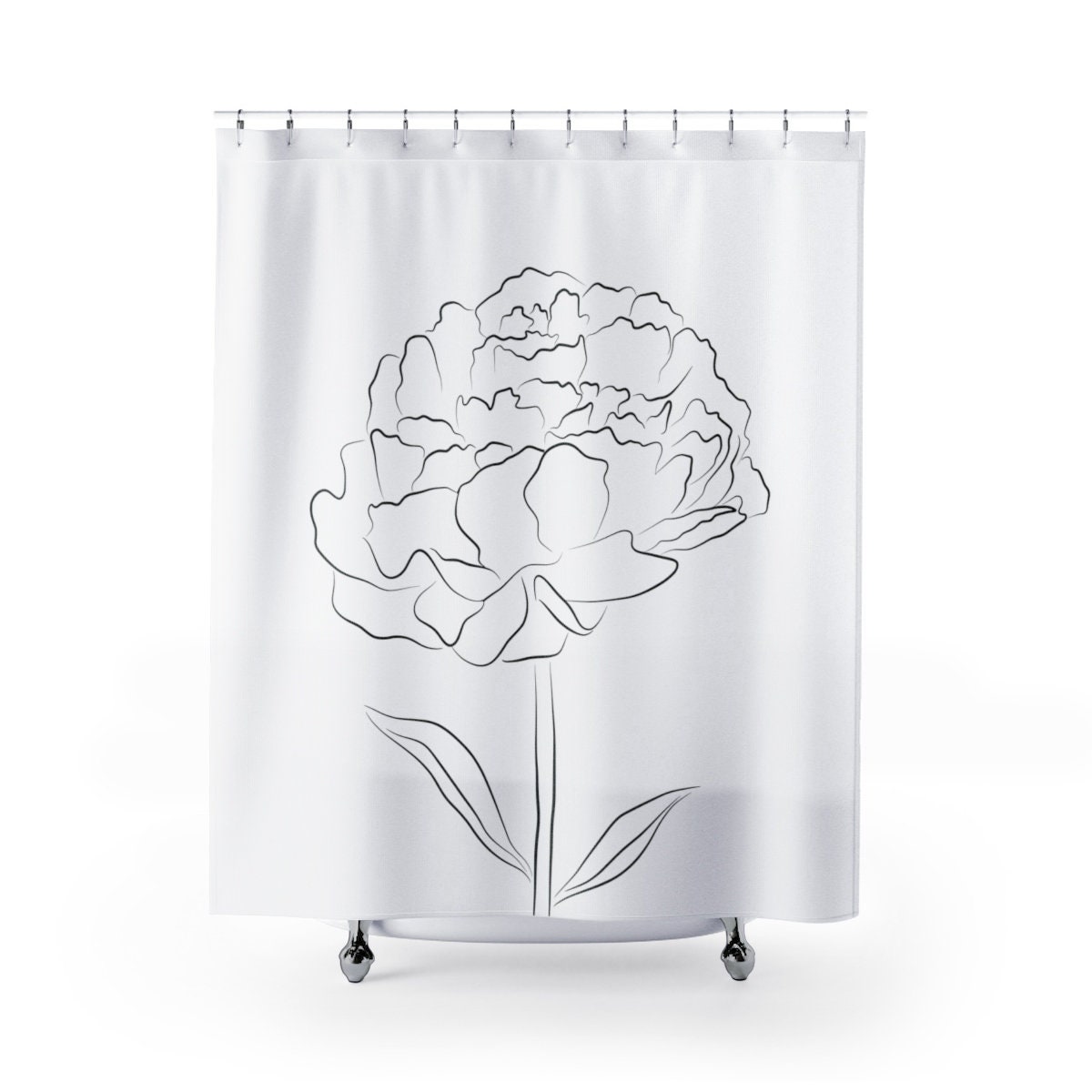 Peony Flower Shower Curtain, Minimalist Black and White Bath Curtain with Modern Design - Image 2