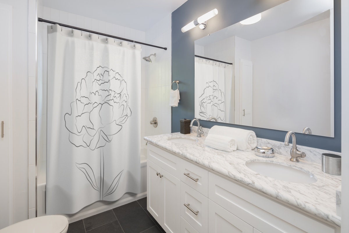 Peony Flower Shower Curtain, Minimalist Black and White Bath Curtain with Modern Design - Image 3
