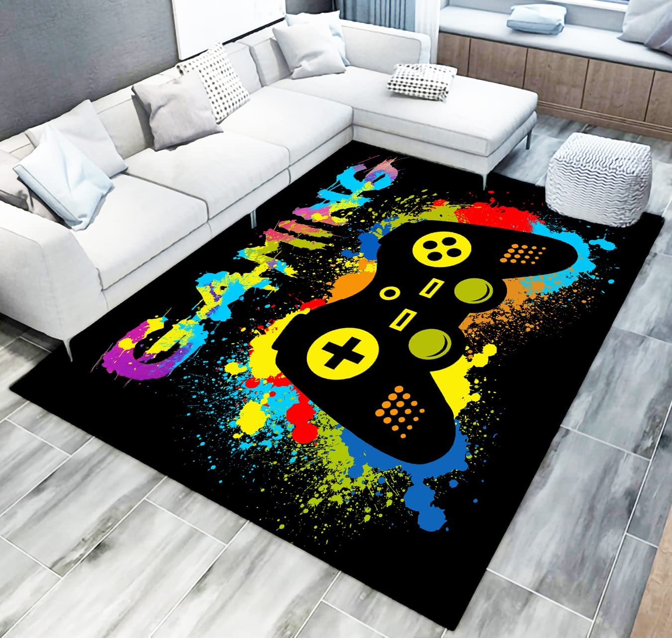 Perfect Gaming Floor Mat and Player Gift, Funny Gamer Area Rug - Orange and Black Controller Rug