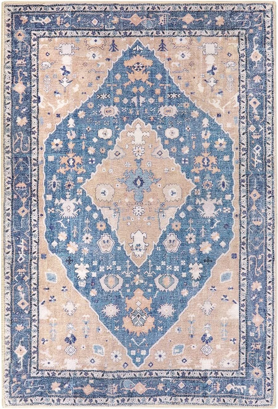 Persian Distressed Area Rug in Midblue/Pink Tint with Non-Slip Floor Carpet for Kitchen, Living Room or Laundry Room