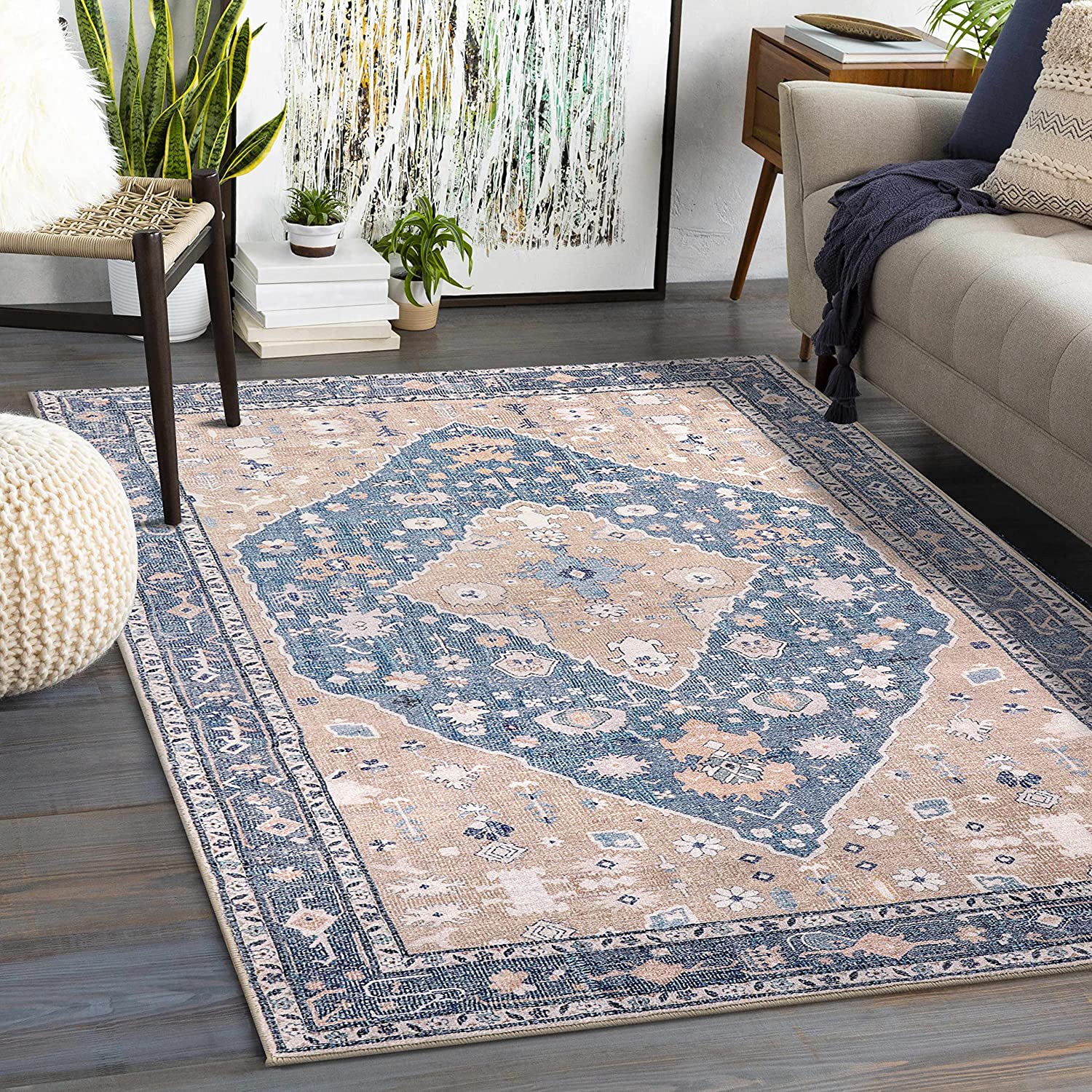Persian Distressed Area Rug in Midblue/Pink Tint with Non-Slip Floor Carpet for Kitchen, Living Room or Laundry Room - Image 2