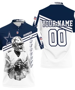 Personalized 3D Dak Prescott 4 Dallas Cowboys Polo Shirt with Black & White All Over Print and Polo Collar