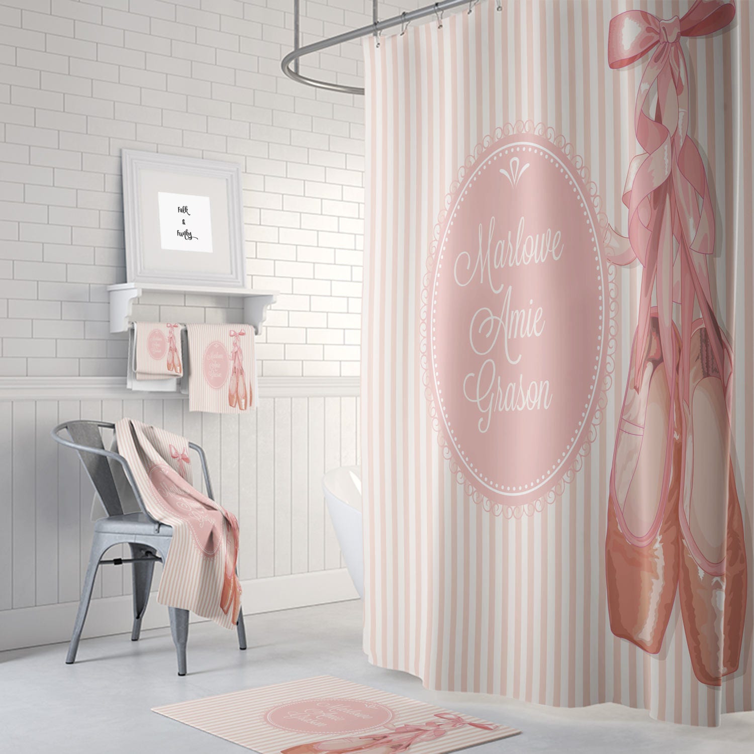 Personalized Ballet Theme Shower Curtain and Matching Towels and Mat Set