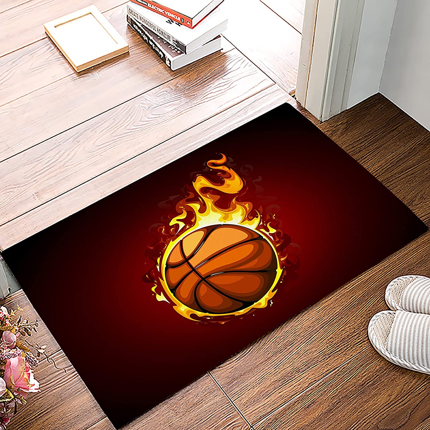 Personalized Basketball Fashion Enthusiasm Flame Black Area Rug for Boys' Room and Living Room Decoration
