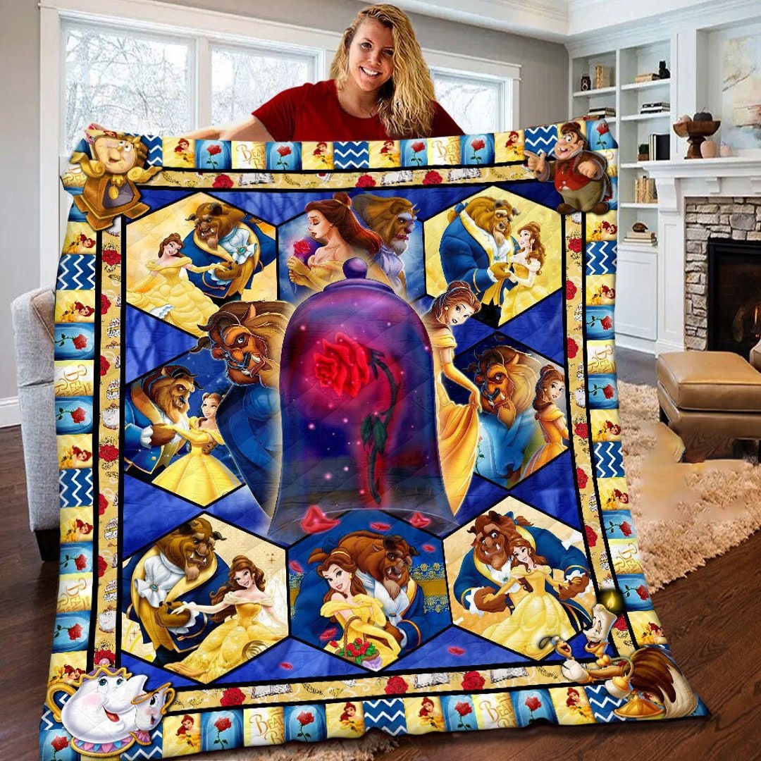 Personalized Belle Princess Lover Gift with Disney Beauty and the Beast Fleece Blanket featuring Custom Name