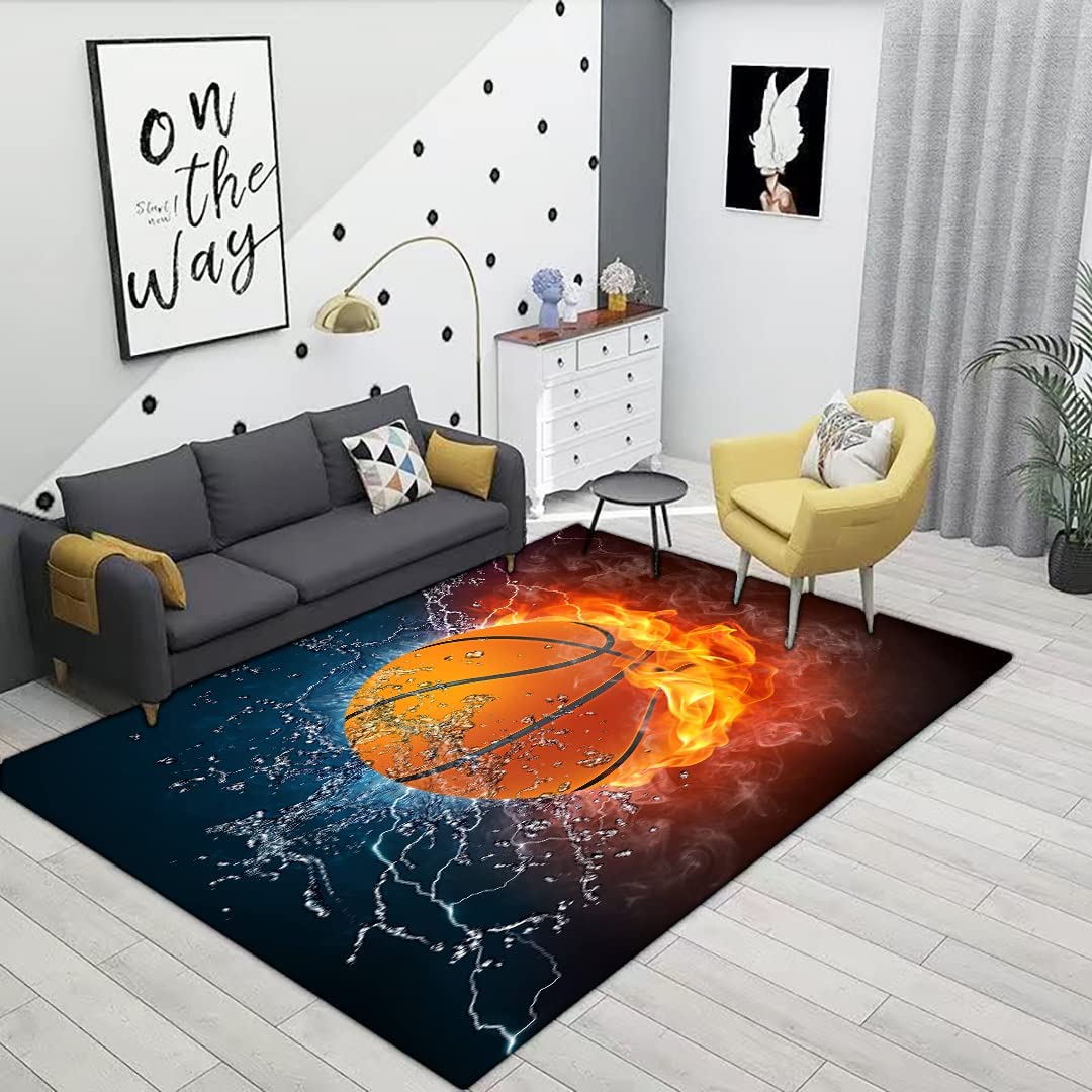 Personalized Boy Girl Kids Sports Area Rug - Soft Flannel Print Carpet for Boys and Girls with Basketball Design