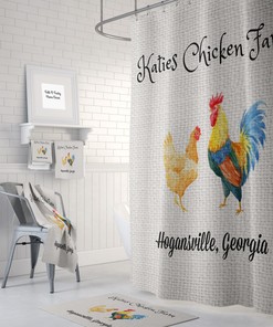 Personalized Chicken Farm Shower Curtain, Farmhouse Chic Design with Faux Burlap, Ideal Set for Rustic Bathrooms