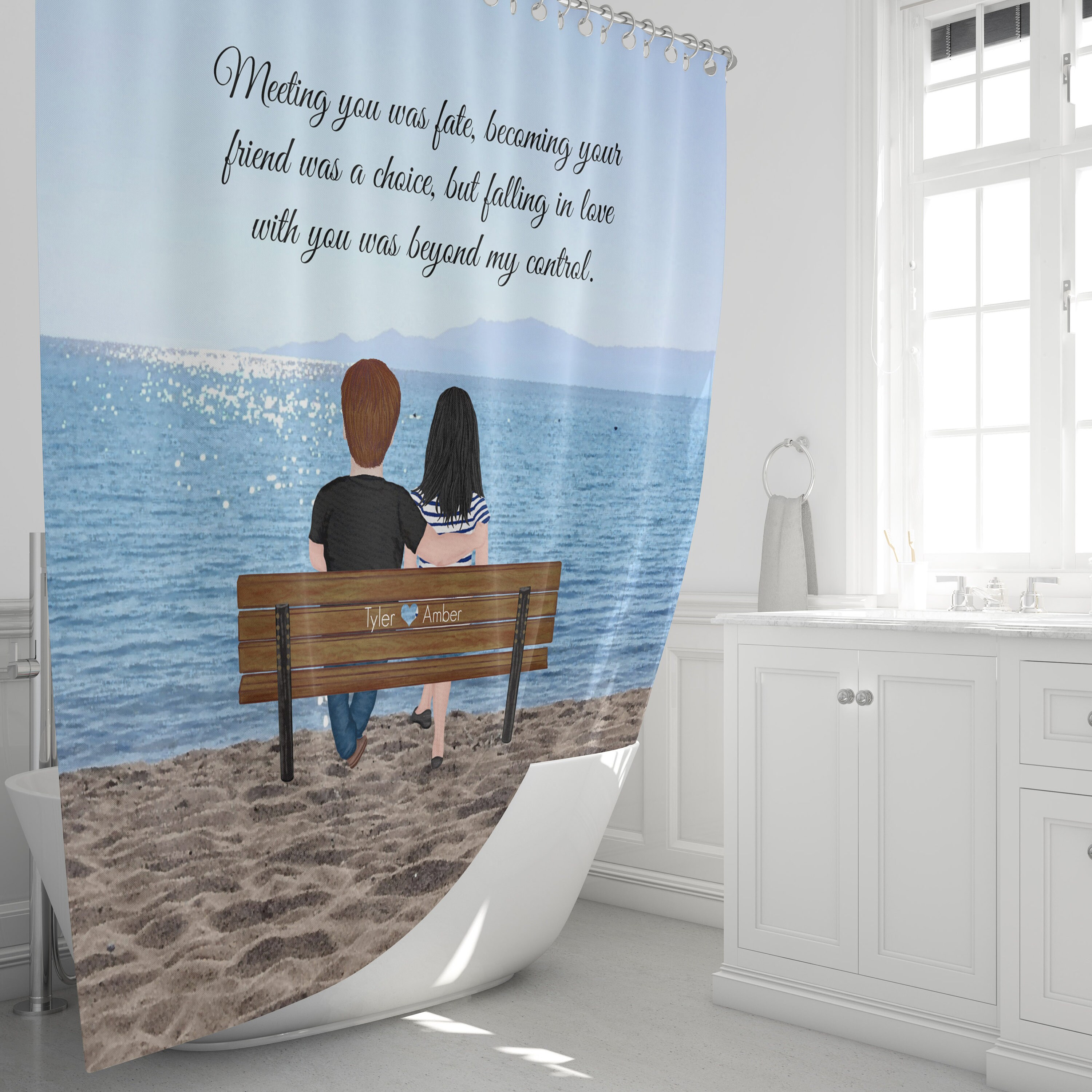 Personalized Couple Shower Curtain with Romantic Quote and Custom Bathroom Decor