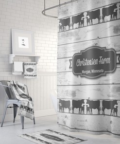 Personalized Cow Shower Curtain, Farmhouse Chic with Faux Barnwood Design