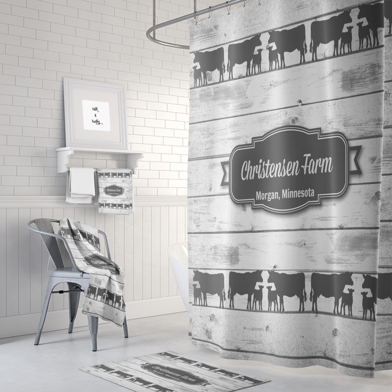Personalized Cow Shower Curtain, Farmhouse Chic with Faux Barnwood Design