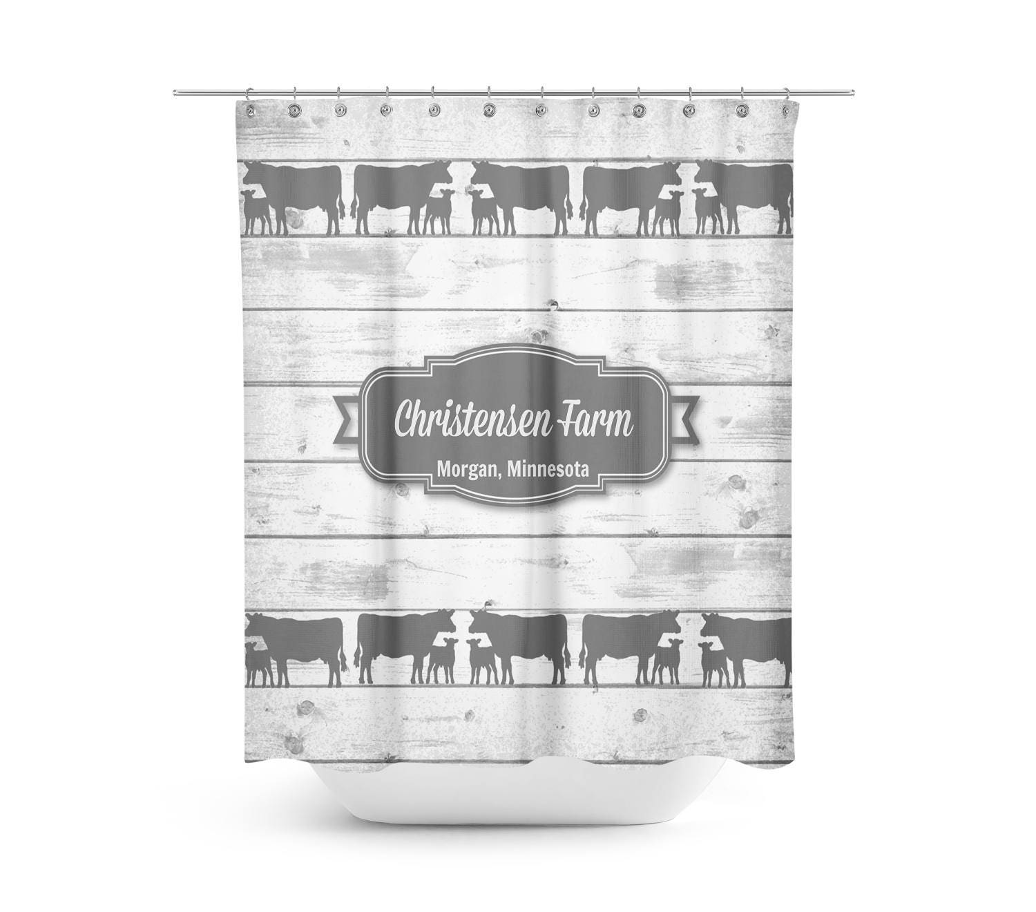 Personalized Cow Shower Curtain, Farmhouse Chic with Faux Barnwood Design - Image 2