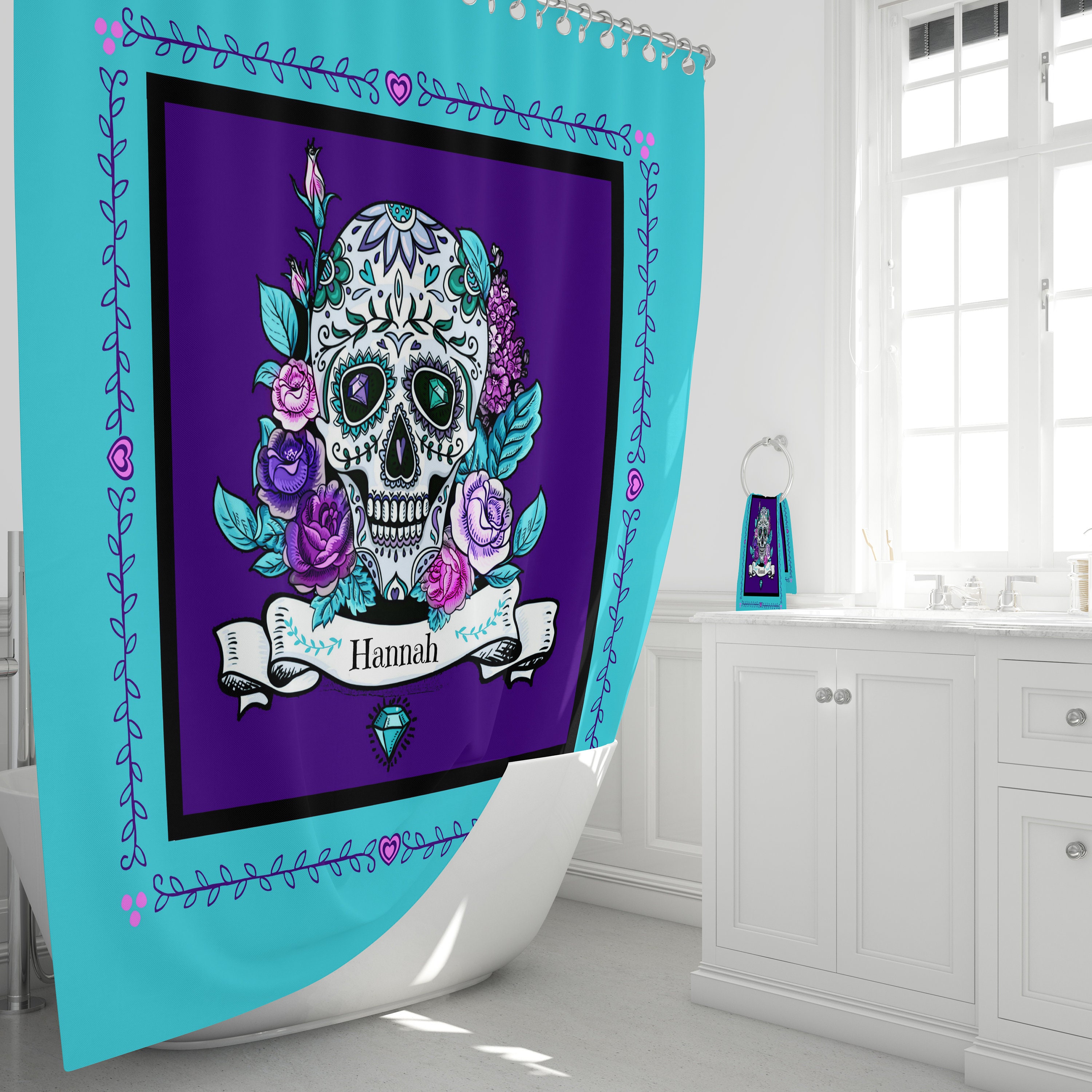 Personalized Day of the Dead Sugar Skulls Shower Curtain for Your Unique Bathroom Decor