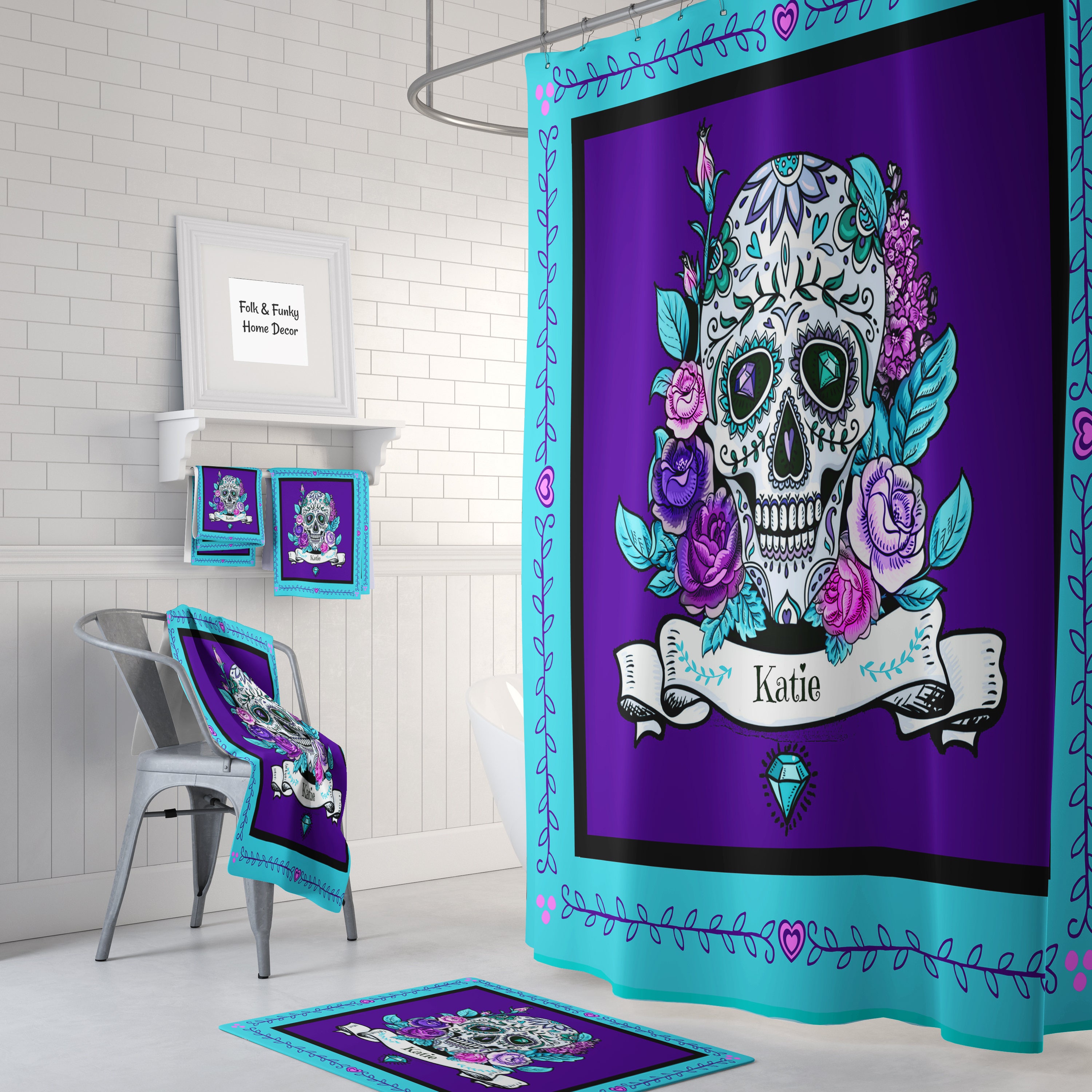 Personalized Day of the Dead Sugar Skulls Shower Curtain for Your Unique Bathroom Decor - Image 2