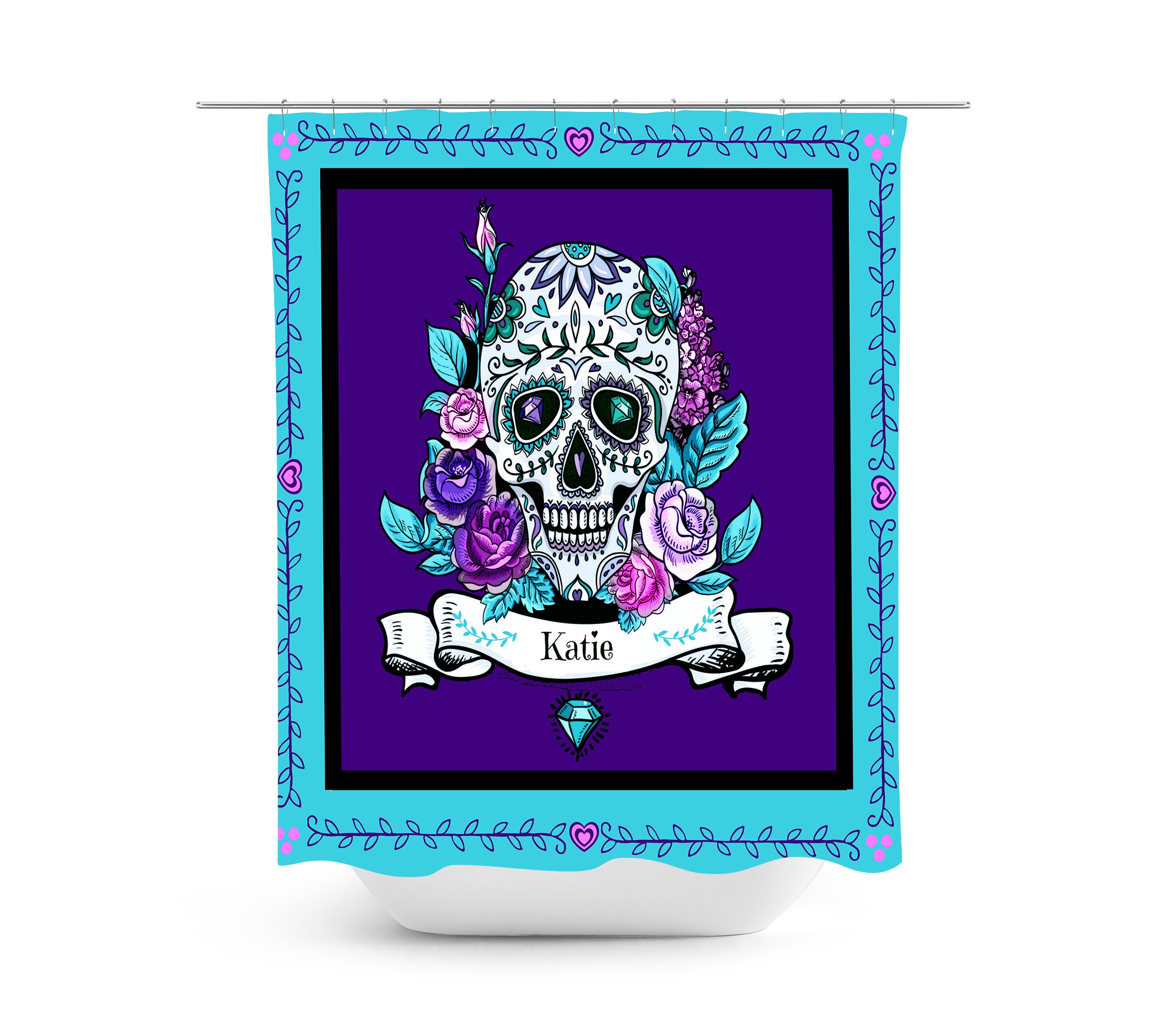 Personalized Day of the Dead Sugar Skulls Shower Curtain for Your Unique Bathroom Decor - Image 3