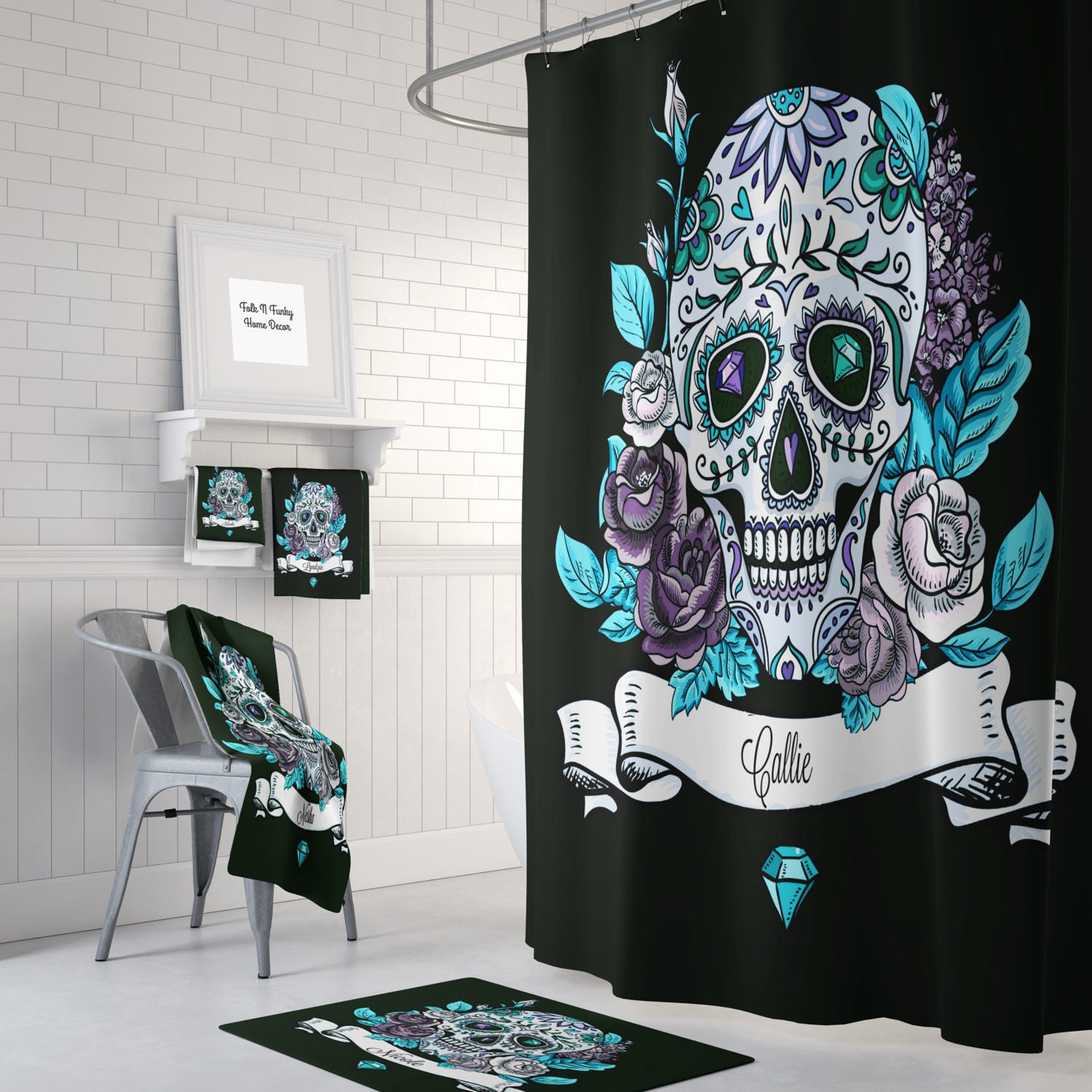 Personalized Diamond Skull Shower Curtain Set with Gothic Bath Accessories