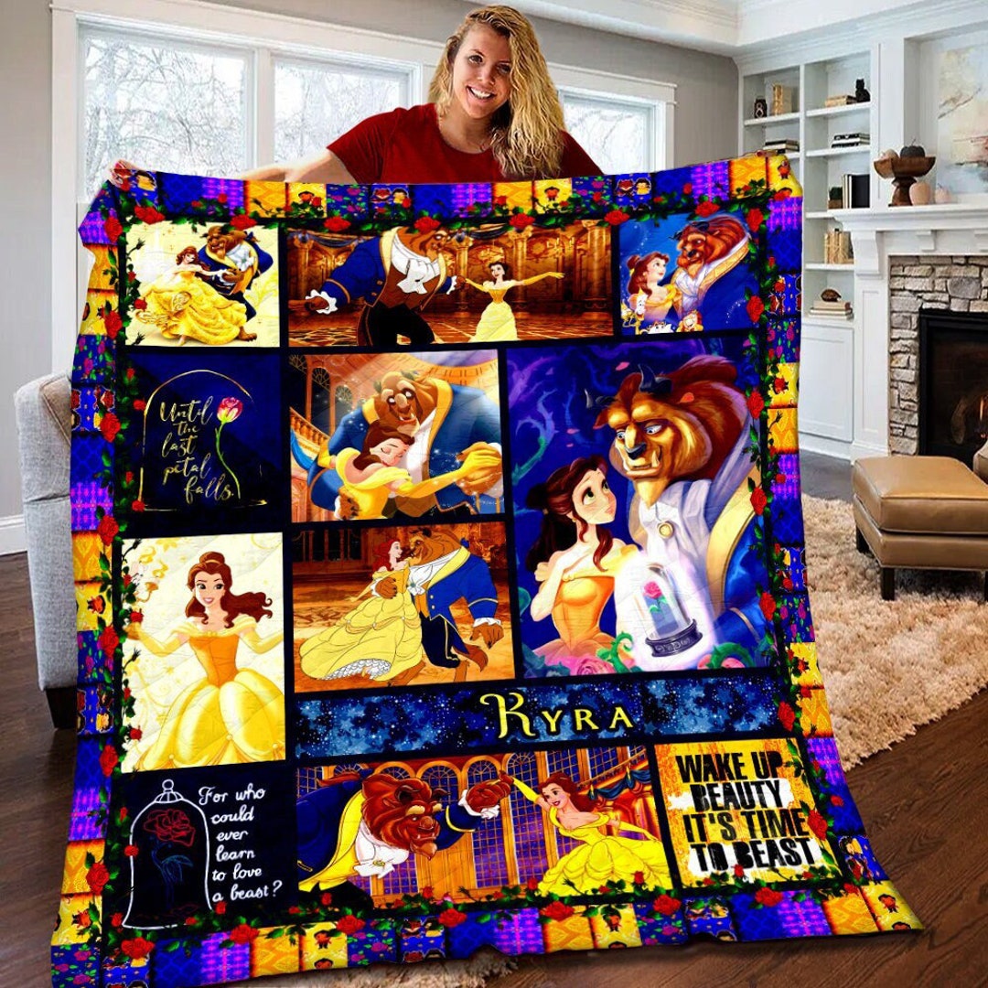 Personalized Disney Movies Birthday Gift with Beauty and the Beast Fleece Blankets, Disney Lover Gift