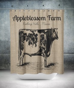 Personalized Farm Shower Curtain, Primitive Cow Design, Farmhouse Chic with Fake Burlap