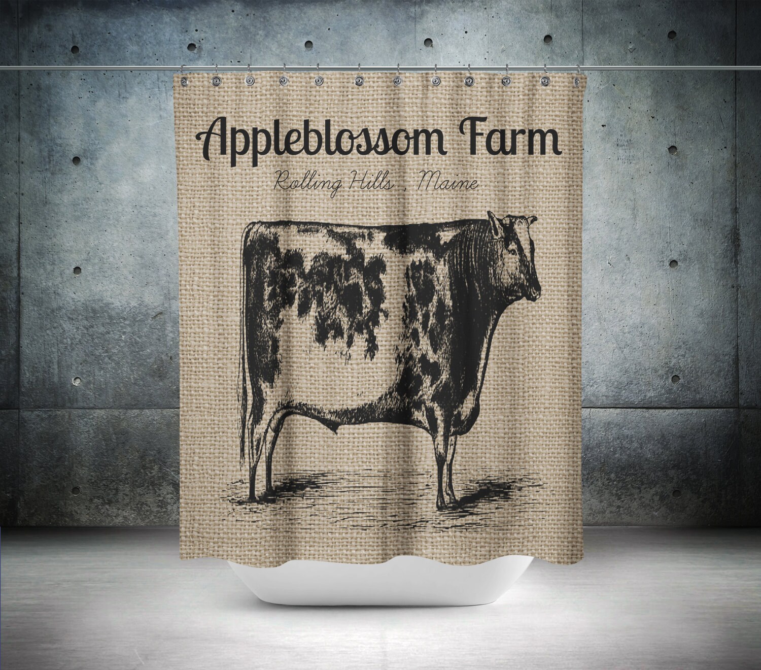 Personalized Farm Shower Curtain, Primitive Cow Design, Farmhouse Chic with Fake Burlap