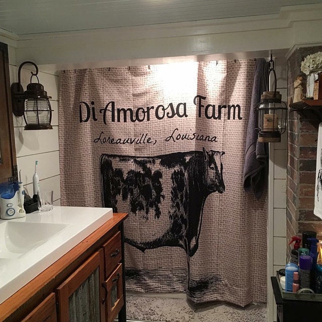 Personalized Farm Shower Curtain, Primitive Cow Design, Farmhouse Chic with Fake Burlap - Image 2