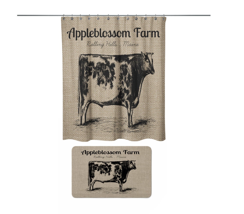 Personalized Farm Shower Curtain, Primitive Cow Design, Farmhouse Chic with Fake Burlap - Image 3