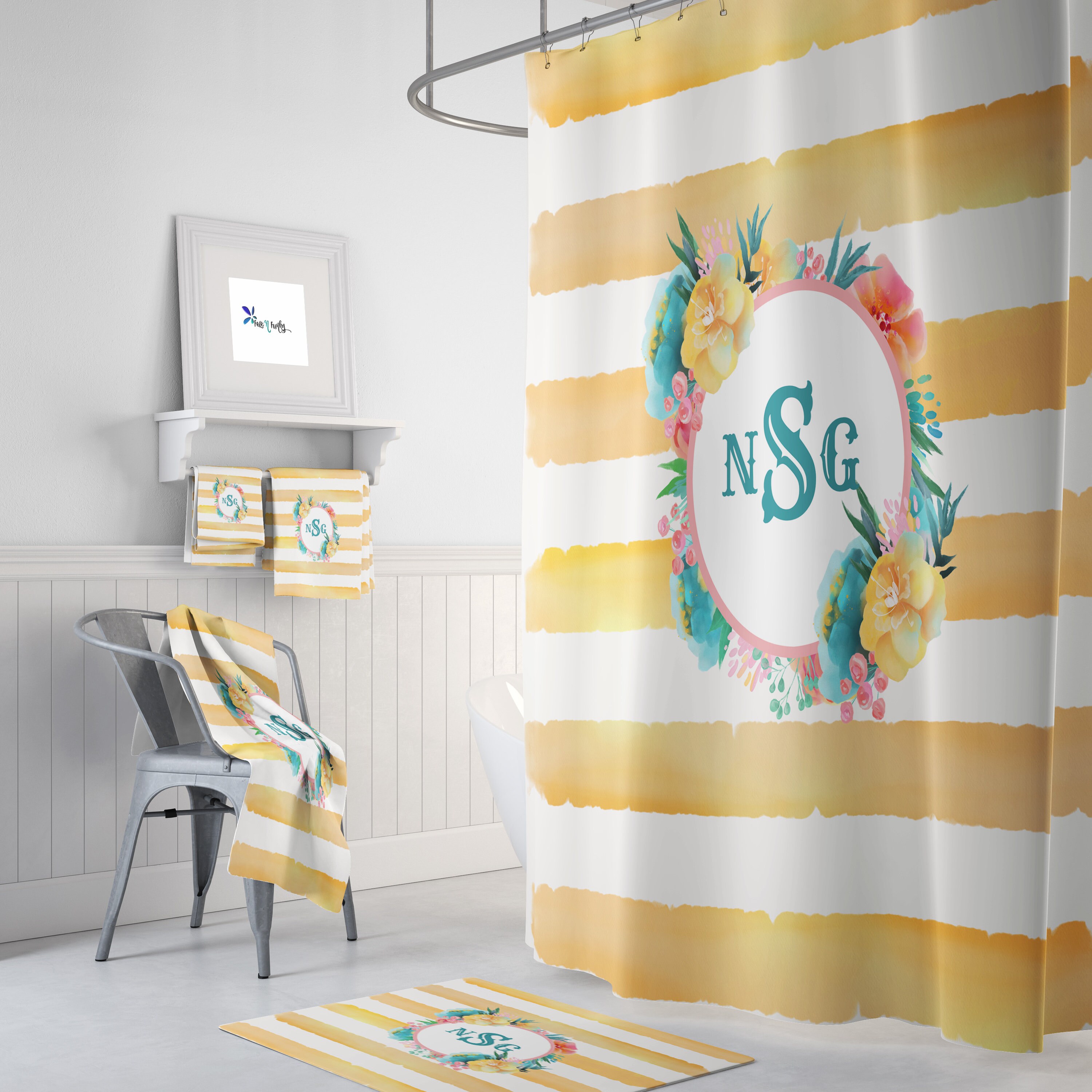 Personalized Floral Shower Curtain - Custom Bath Curtain with Optional Matching Set for Personalized Bathroom Decor