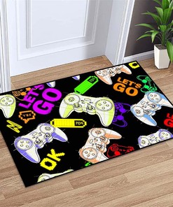 Personalized Gaming Area Rug for Boys' Bedroom: Customizable Manga Gamepad Pattern Black Rugs for Game Boys