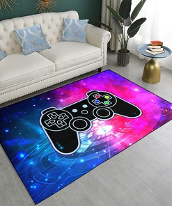 Personalized Gaming Area Rug for Teens: Large Hand-Drawn Gamepad Design with Green Planet and Stars