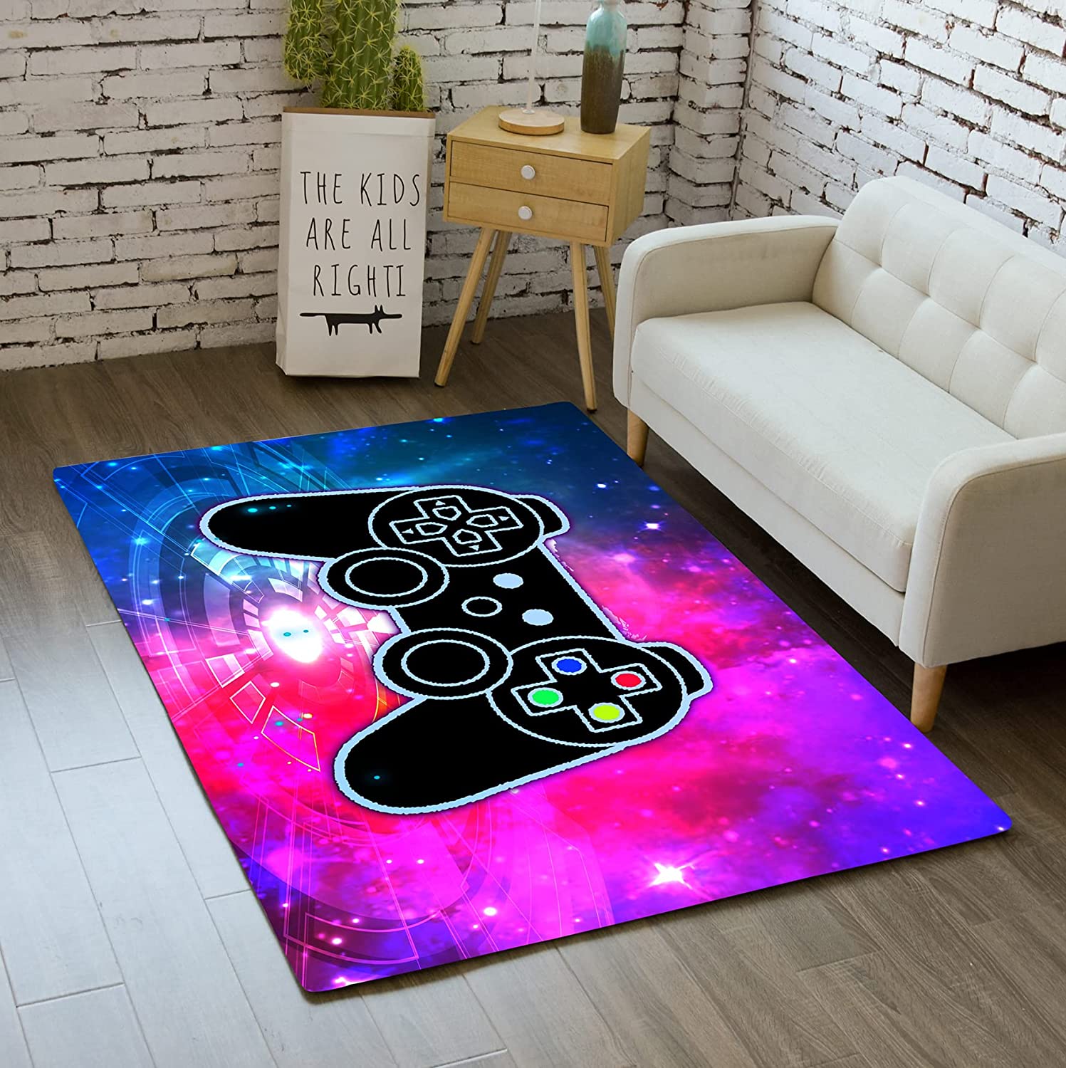 Personalized Gaming Area Rug for Teens: Large Hand-Drawn Gamepad Design with Green Planet and Stars - Image 2
