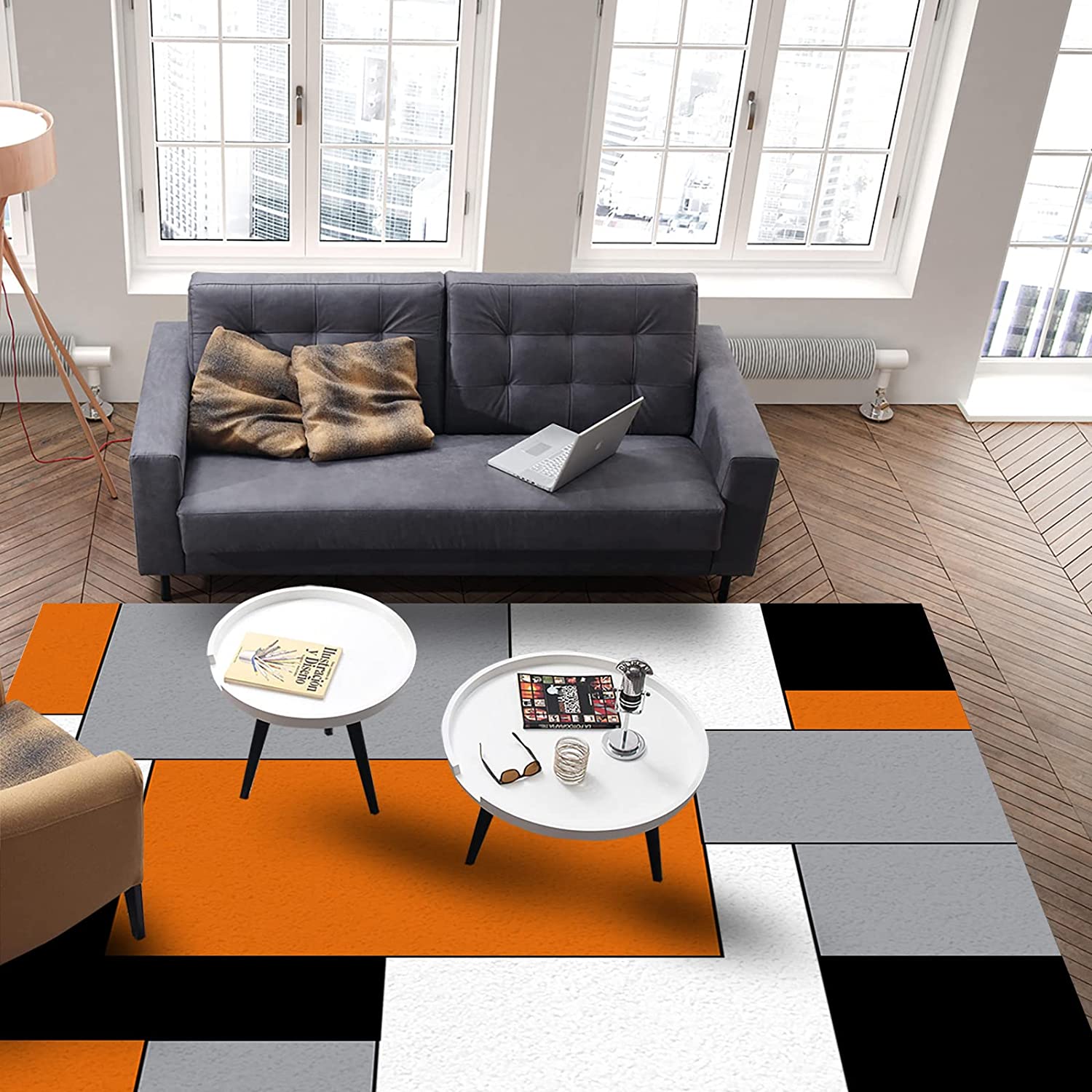 Personalized Geometric Area Rug for Modern Minimalist Home Decor - Orange Grey Black White Non-Slip Soft Fluffy