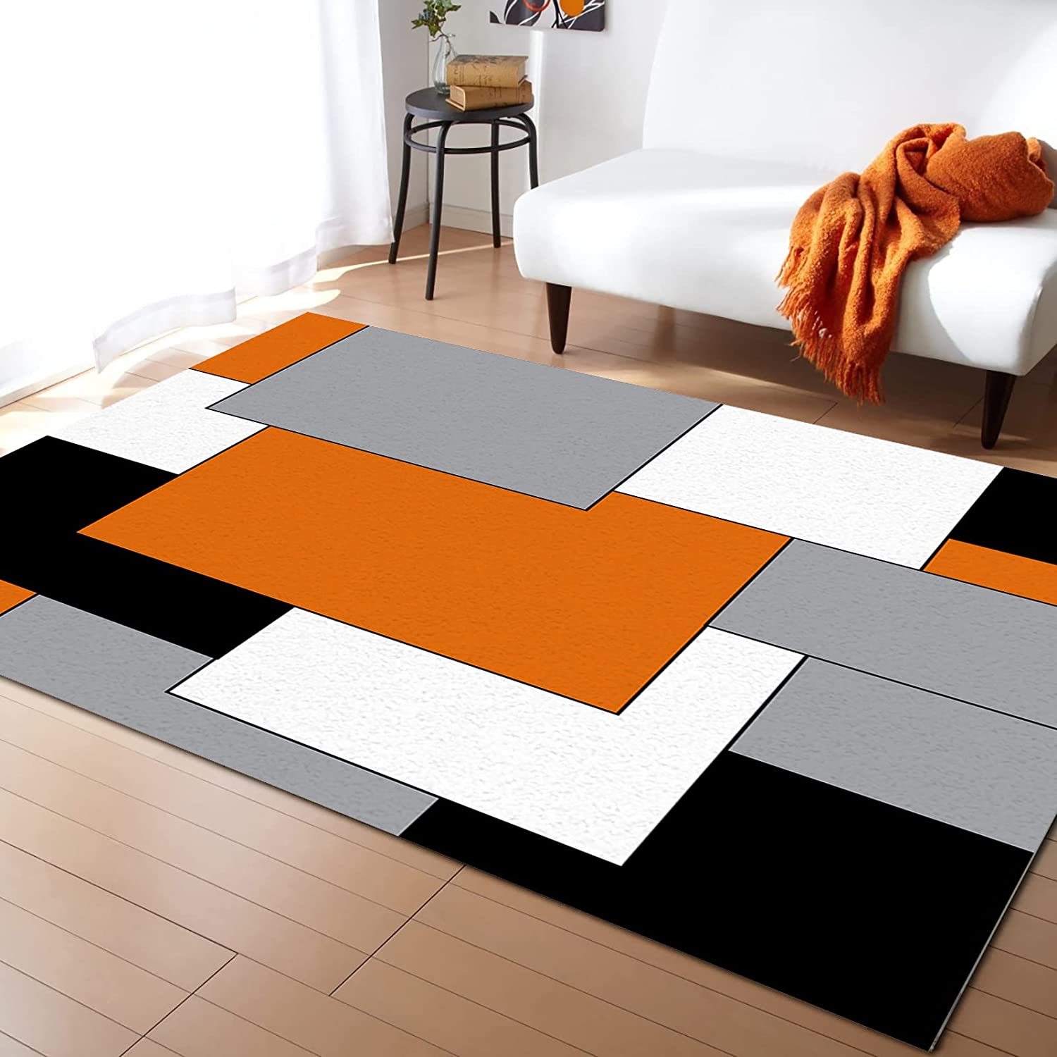 Personalized Geometric Area Rug for Modern Minimalist Home Decor - Orange Grey Black White Non-Slip Soft Fluffy - Image 2