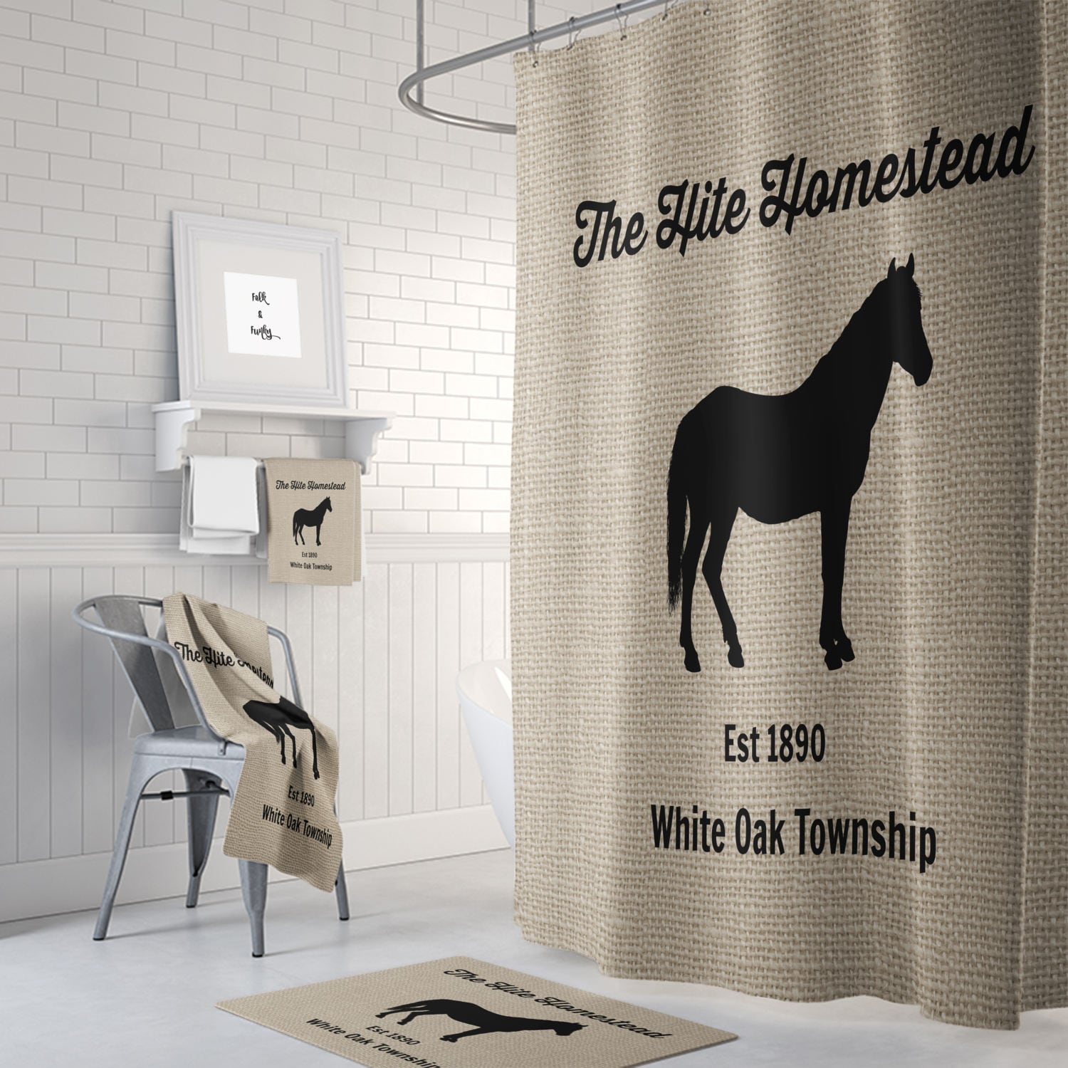 Personalized Horse Farm Shower Curtain, Farmhouse Chic Design with Faux Burlap, Ideal Set for Rustic Bathrooms