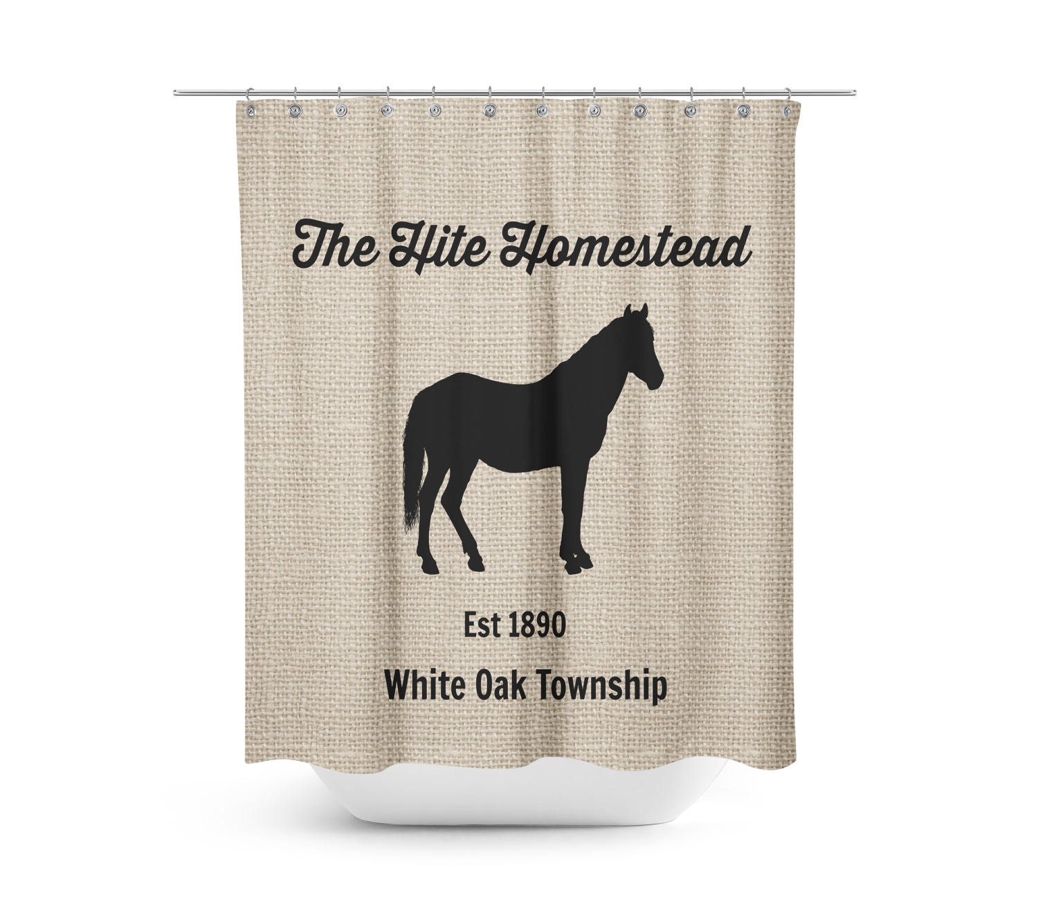 Personalized Horse Farm Shower Curtain, Farmhouse Chic Design with Faux Burlap, Ideal Set for Rustic Bathrooms - Image 2
