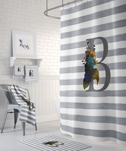 Personalized Monogram Gray Striped Floral Shower Curtain