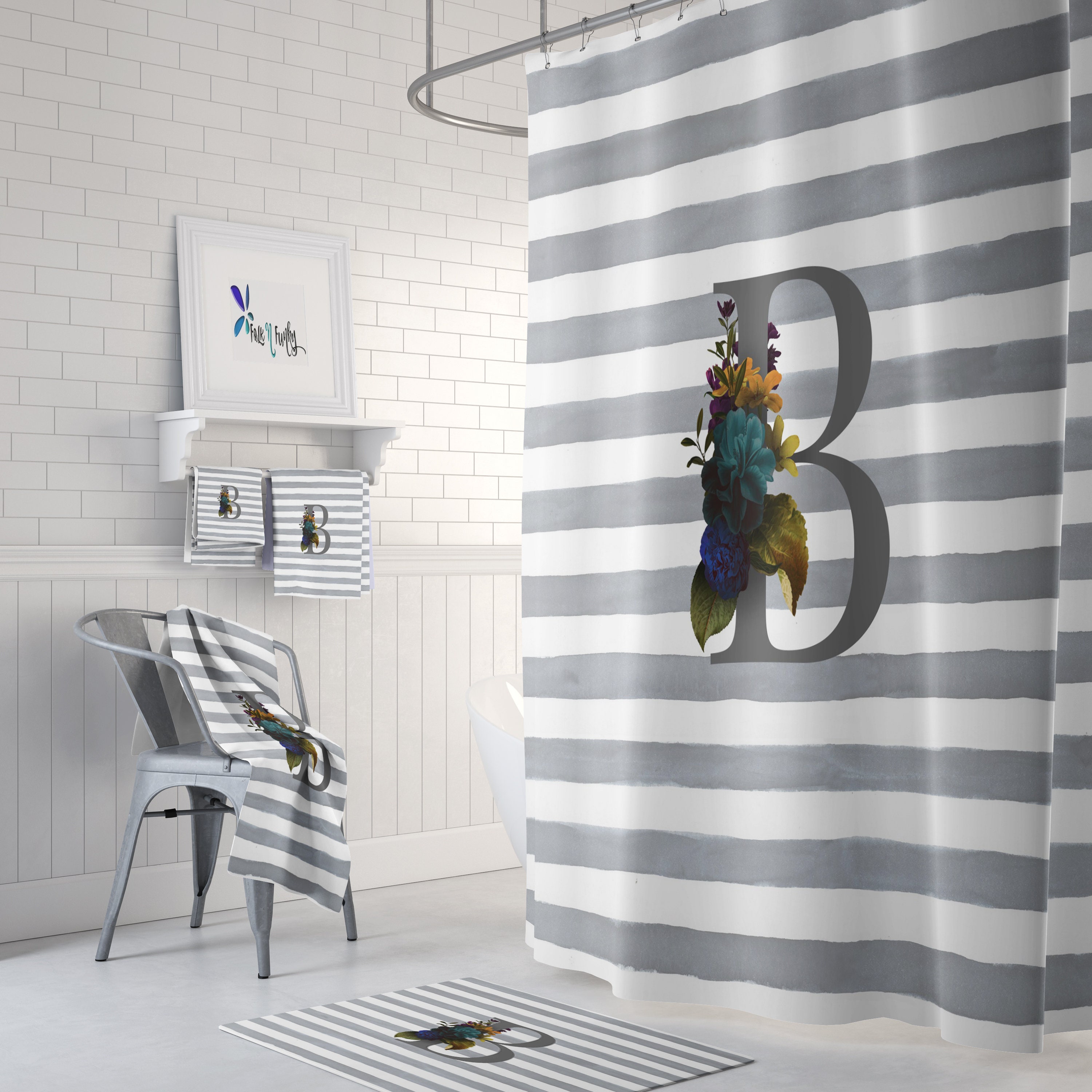 Personalized Monogram Gray Striped Floral Shower Curtain