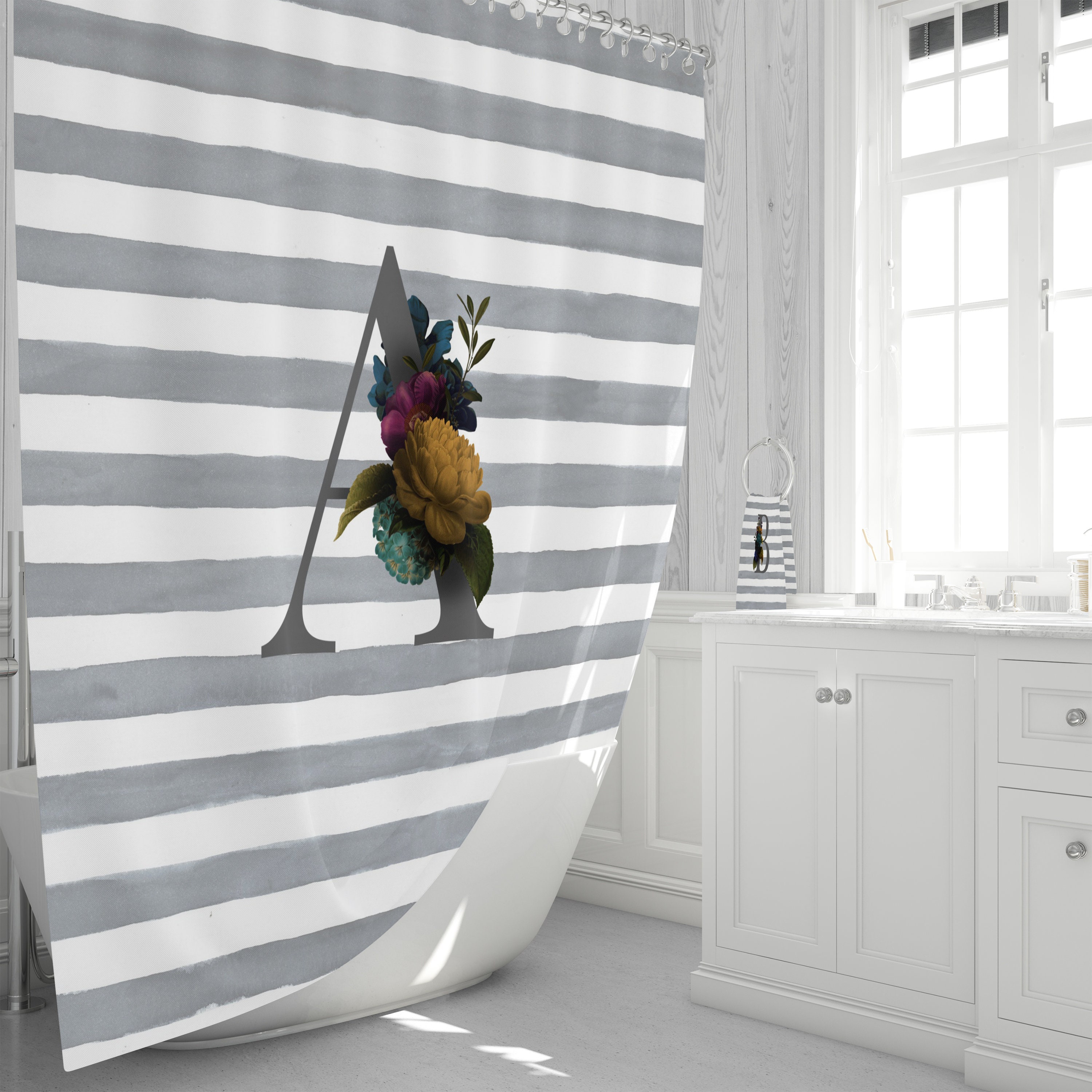 Personalized Monogram Gray Striped Floral Shower Curtain - Image 2