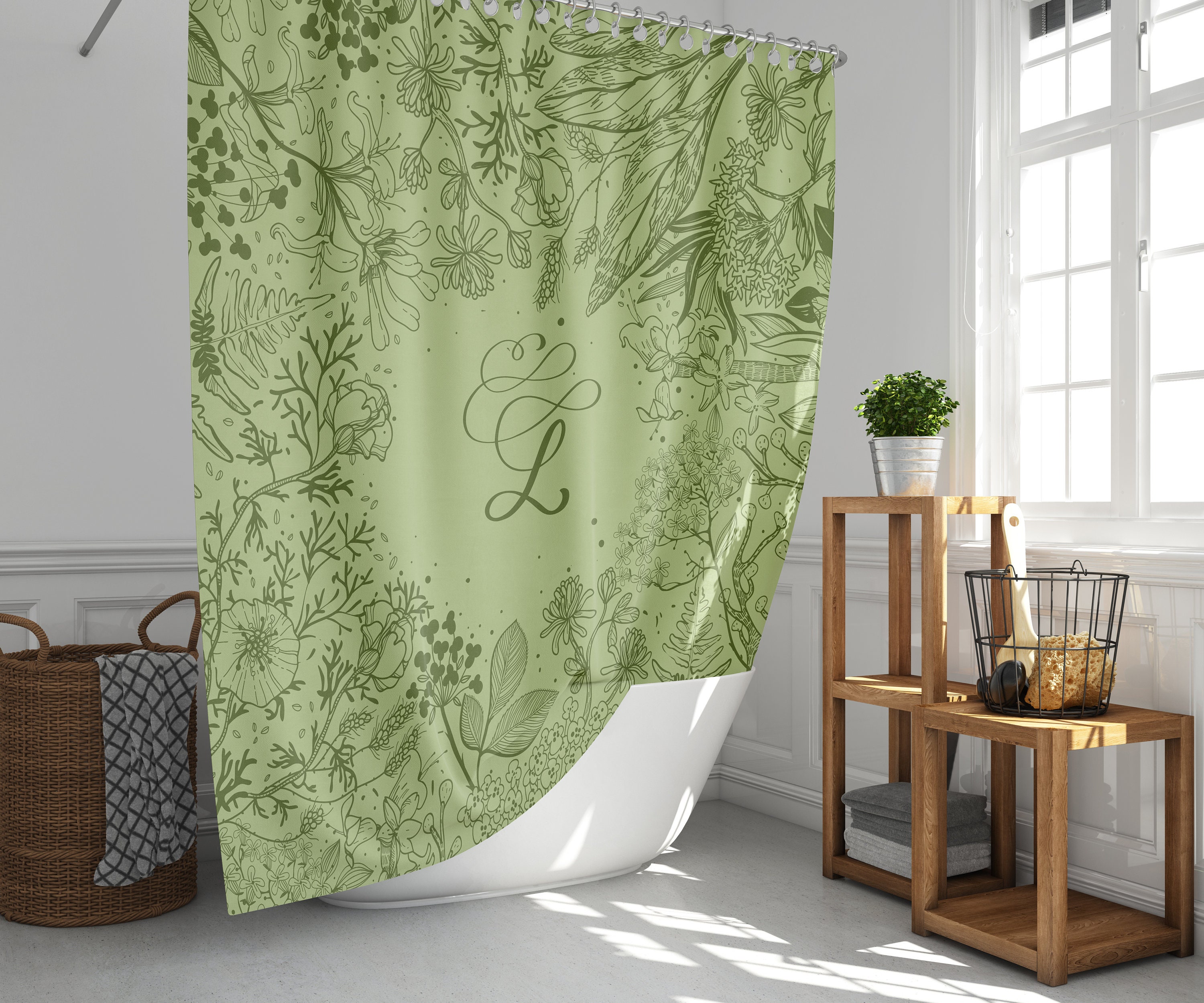 Personalized Monogram Shower Curtain, Green Foliage Alphabet Design Fabric Bathroom Curtain